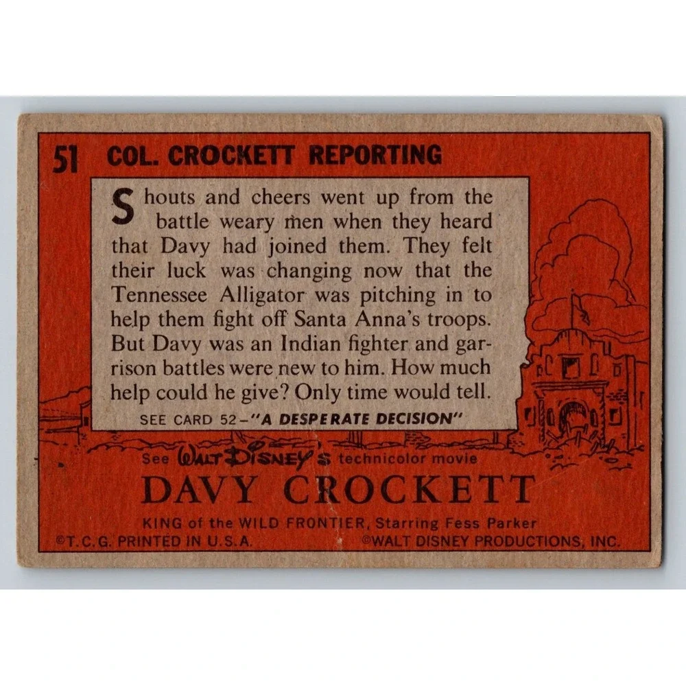 1955 Davy Crockett TCG Card 51 Col Crockett Reporting Disney Fess Parker Vintage